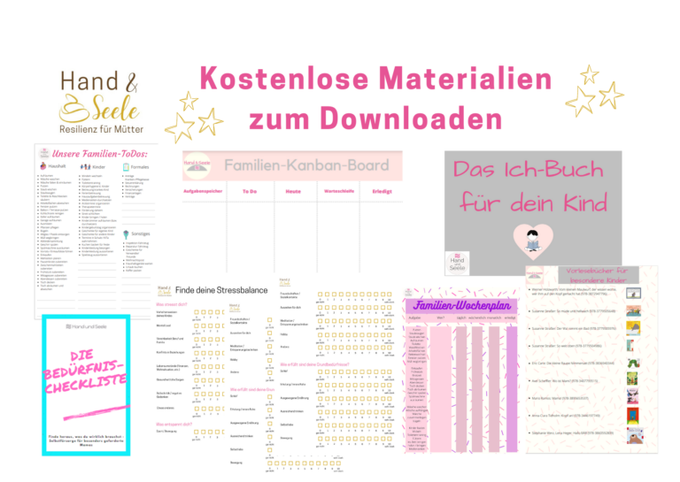 Infographik mit Hinweis auf das kostenlose Downloadmaterial von Hand und Seele: Checklisten, Tagespläne, Ich-Buch-Vorlage und vieles mehr. Gesundheit und Stressresistenz für Mütter mit hoher Stressbelastung